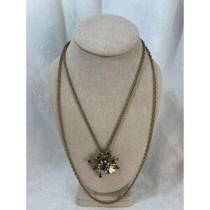 Vintage Gold-Tone Necklace With Purple Gemstones & Floral Pendant Starburst